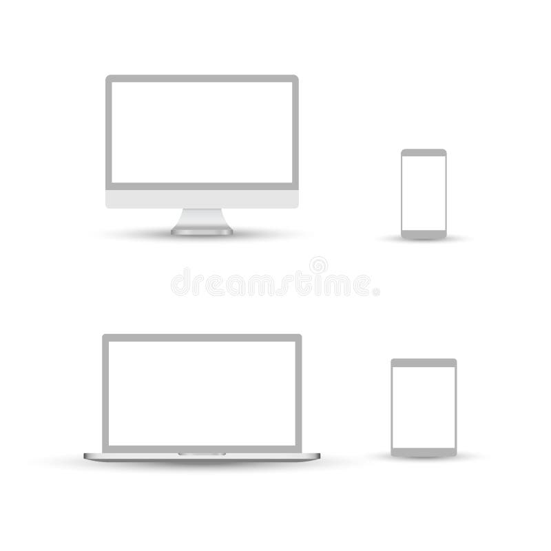 White desktop computer display screen smartphone tablet portable notebook or laptop. Outline mockup electronics devices phone vector illustration White desktop computer display screen smartphone tablet portable notebook or laptop. Outline mockup electronics devices phone vector illustration