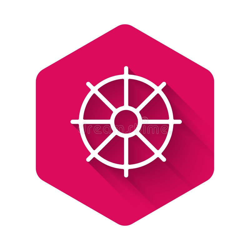White Dharma wheel icon isolated with long shadow background. Buddhism religion sign. Dharmachakra symbol. Pink hexagon button. Vector.