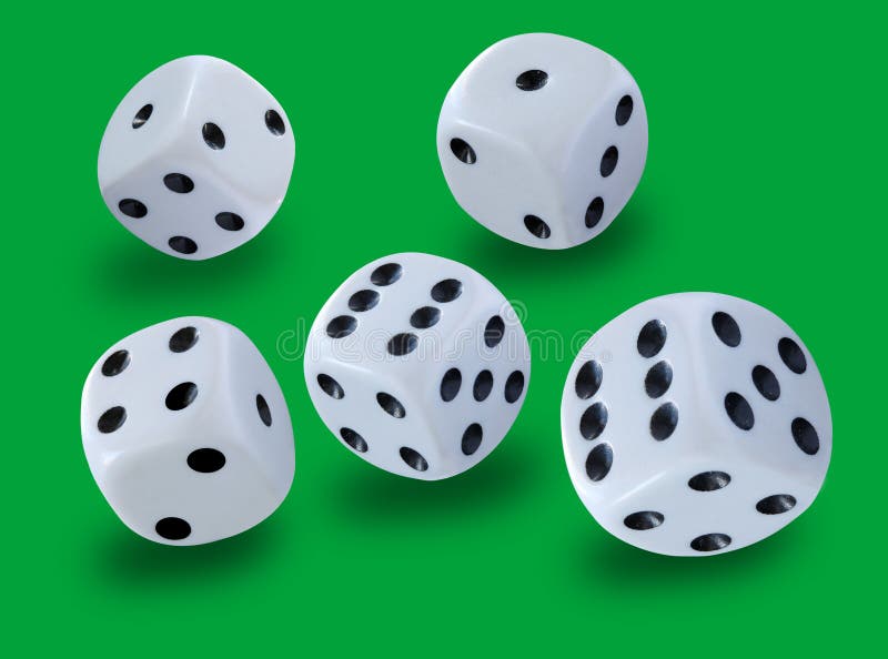 White dices thrown in a craps game, yatsy or any kind of dice game against a green background. Gamble, cube.