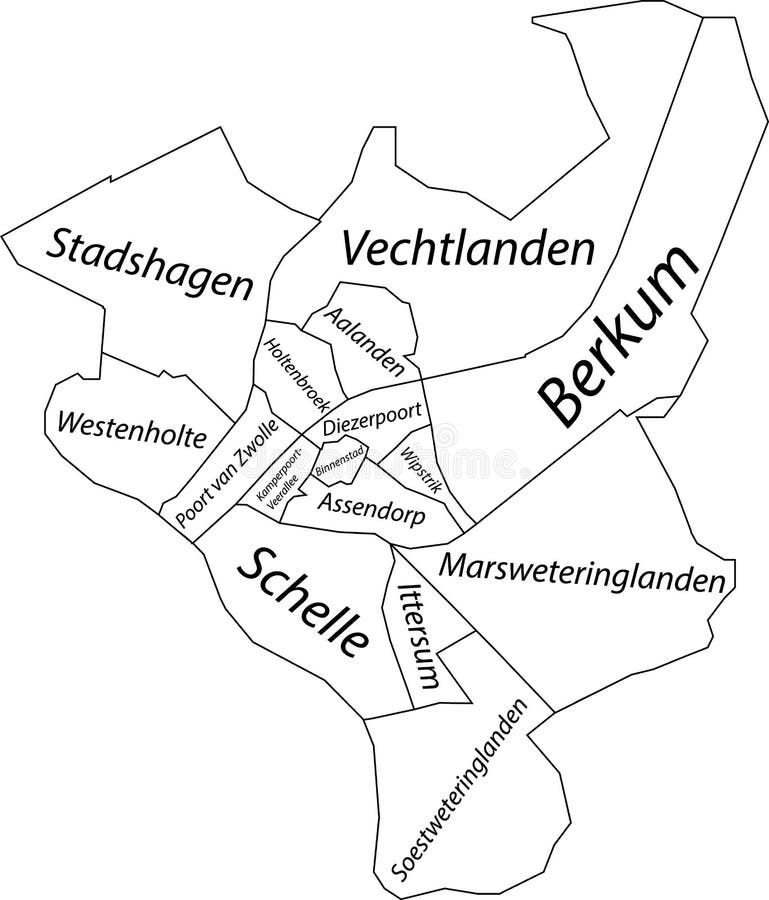 White Districts Map of ZWOLLE, NETHERLANDS Stock Vector Illustration