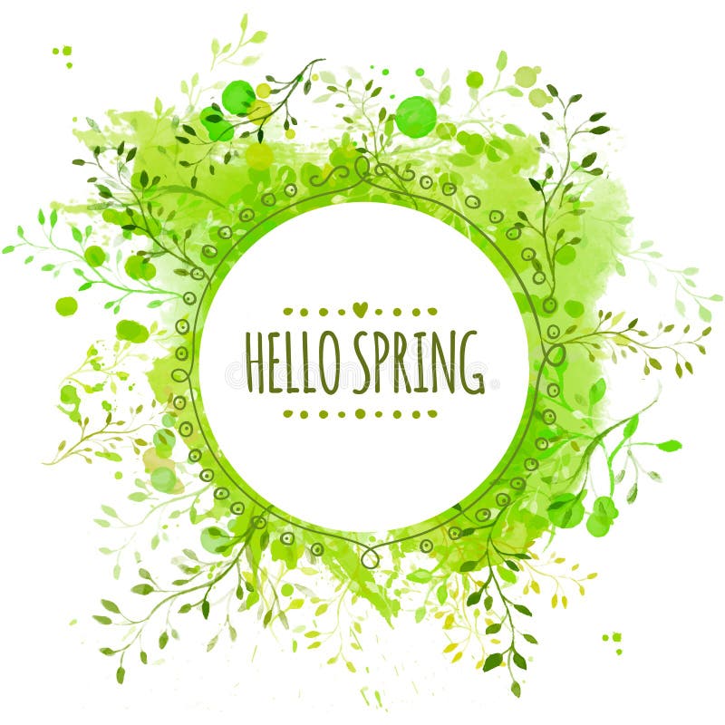 White doodle circle frame with text hello spring. Green paint splash background with leaves. Fresh vector design for banners