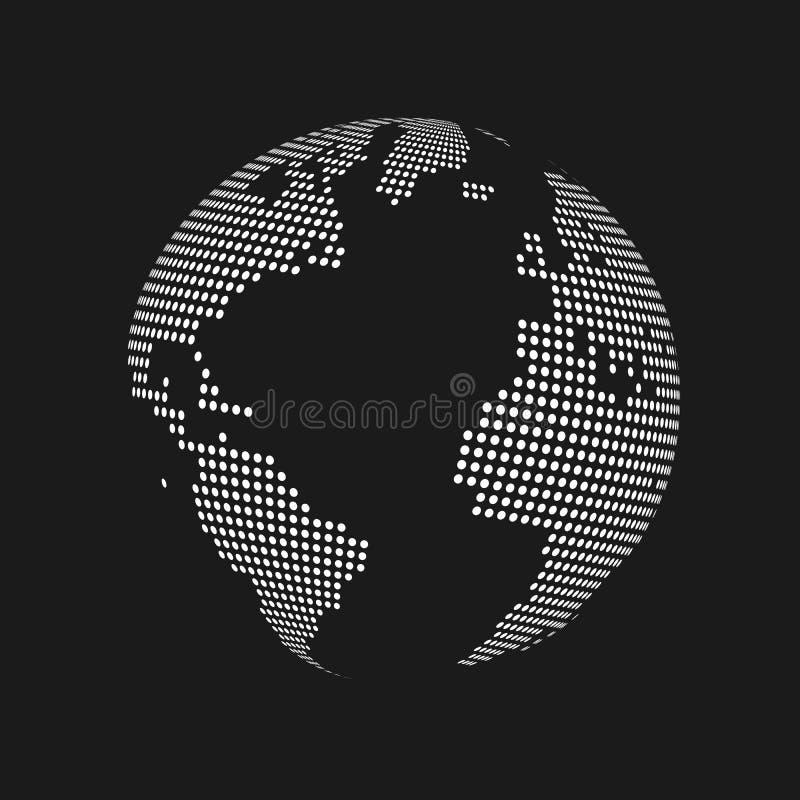 White dotted 3d earth world map globe in black background. Vector illustration