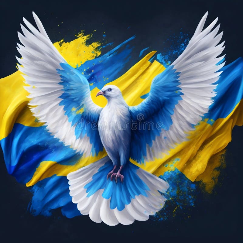 White dove with blue and yellow colours. Ukraine freedom flag. Generative AI