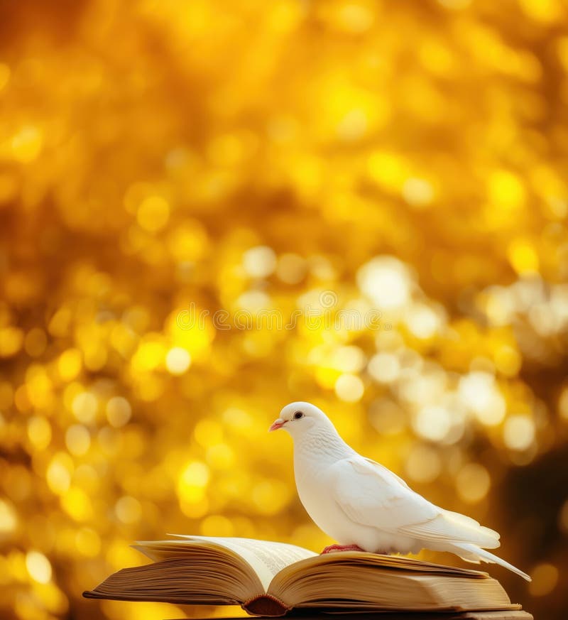White dove perched on open book against golden bokeh background, symbolizing peace and knowledge, copy space for text royalty free stock photos