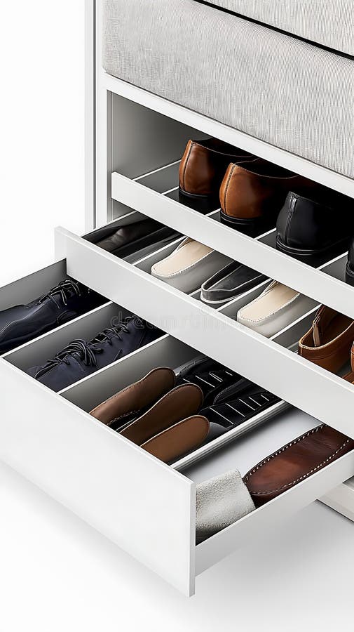 A white dresser with a drawer full of shoes royalty free stock photography