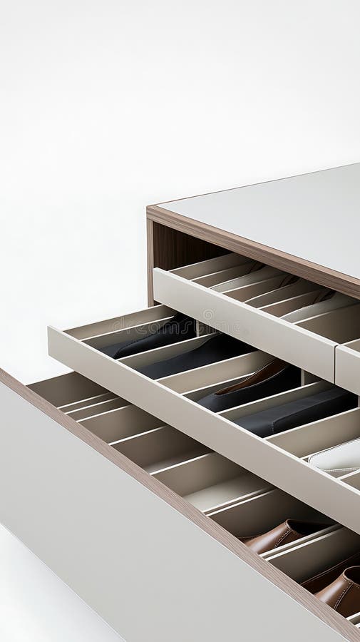A white dresser with a drawer full of shoes stock photography