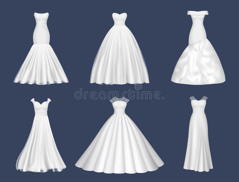 White dresses. Wedding clothes for beauty woman fashion dresses for brides evening party decent vector realistic