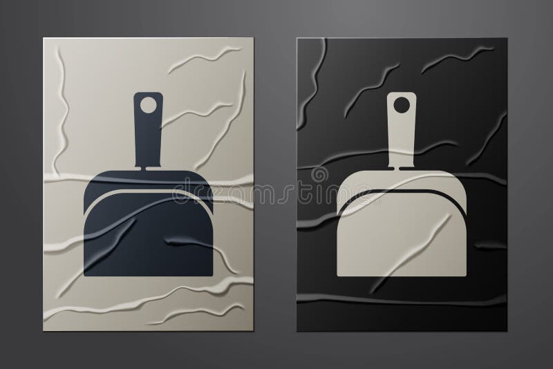 White Dustpan icon isolated on crumpled paper background. Cleaning scoop services. Paper art style. Vector stock illustration
