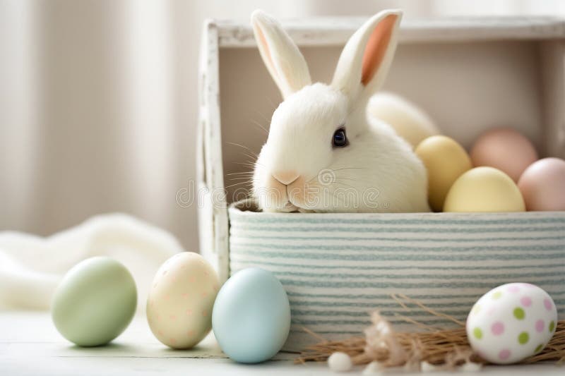 White Easter Bunny in a Box, Easter Eggs Laying on a Table. Generative
