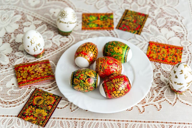 White Easter stickers decorated in style of Khokhloma