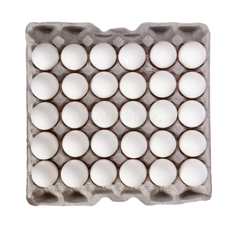 Carton of Eggs Isolated Over White Background Frontal View. Broken Egg