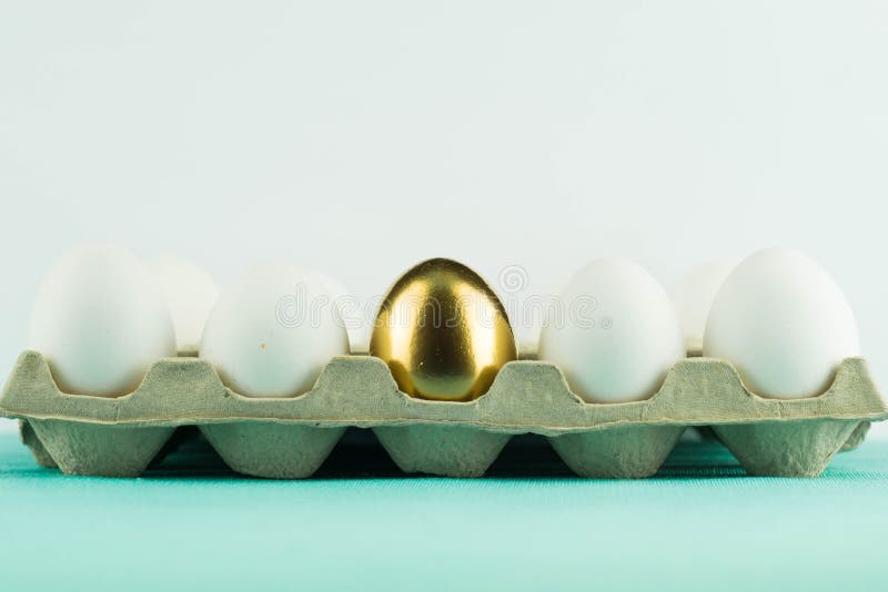 White eggs in a paper box and one unique golden egg inside them on white background. Leadership, genius, uniqueness concept. royalty free stock image