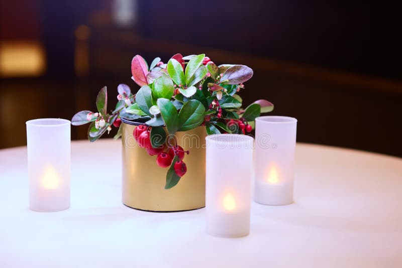 White Electric Candles Stand on the Dinner Table Stock Photo Image of