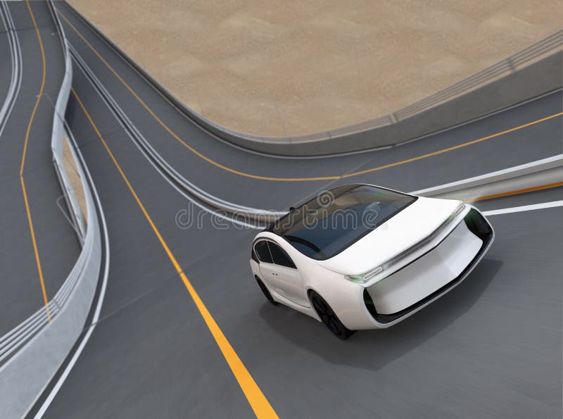 White Electric Car Driving on the Loop Bridge Stock Illustration
