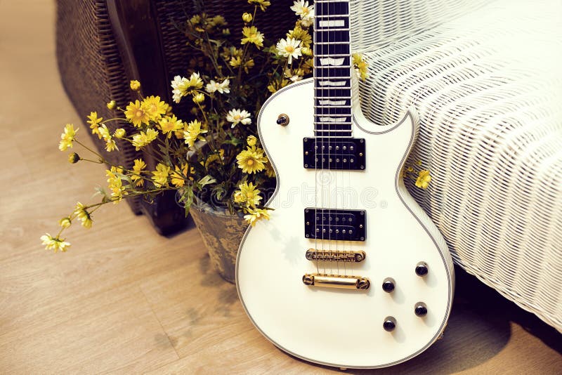 White Electric Guitar With Flowers Stock Photo Image of electro