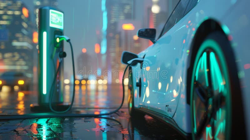 A white electric vehicle charging at a sleek EV station in a modern city, emphasizing the integration of clean energy and urban living. Development ev stock images, royalty-free photos and pictures
