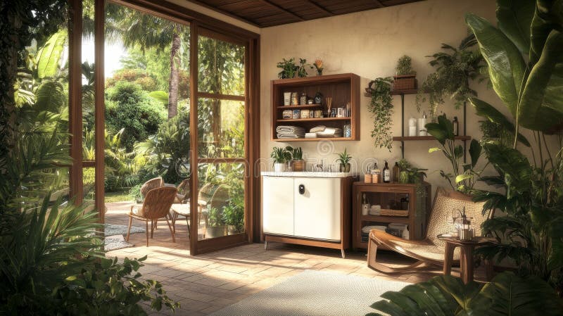 A white electric water heater and plants are key elements in this modern bathroom interior fotografia stock