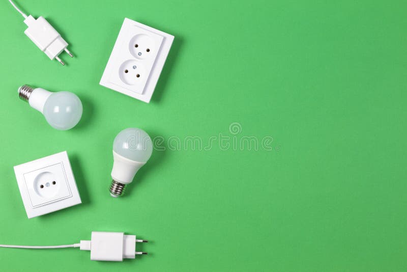 White Electrical Power Sockets, Power Plugs, Light Lamp Bulbs on Light