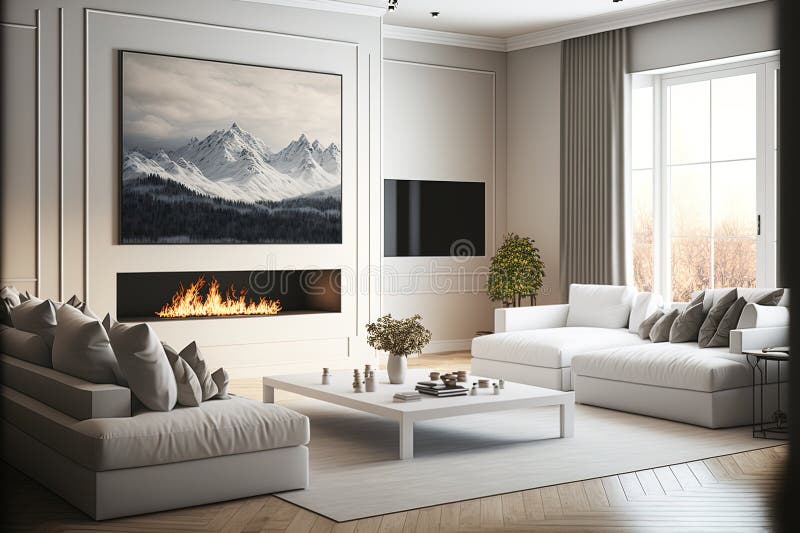 White, Elegant Living Room with Fireplace, Tv, Coffee Table and Couch