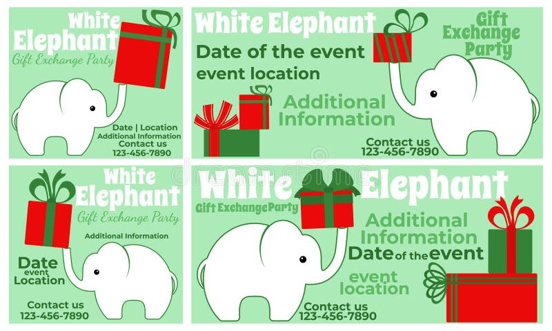 https://thumbs.dreamstime.com/b/white-elephant-party-set-square-cards-horizontal-invitation-designs-red-green-colors-vector-illustration-299470087.jpg