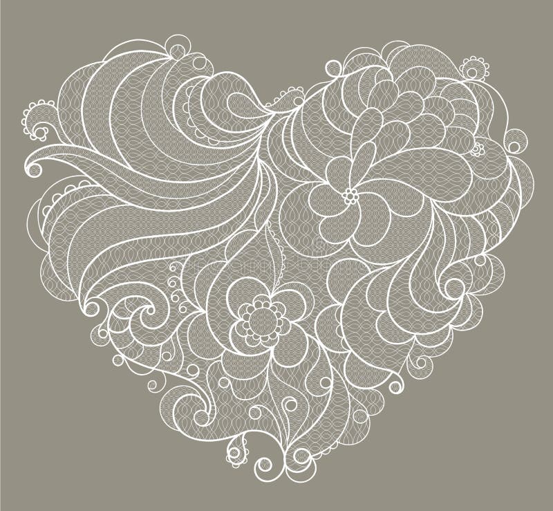 White embroidered lace heart with floral swirls