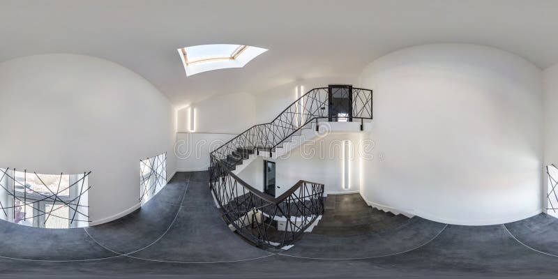 White emergency and evacuation exit spiral stair in up ladder with halogen lamps. full seamless spherical hdri panorama 360 degrees in interior room in modern building in equirectangular projection