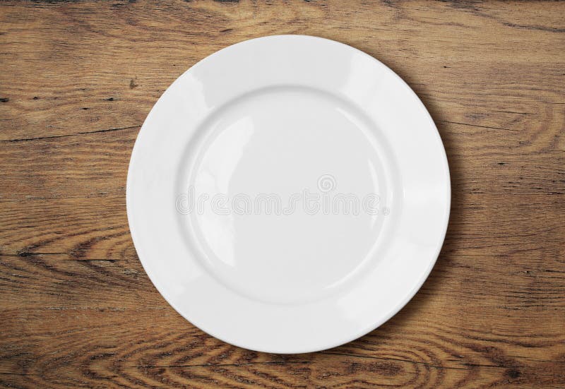 White Empty Dinner Plate On Wooden Table Surface Stock 