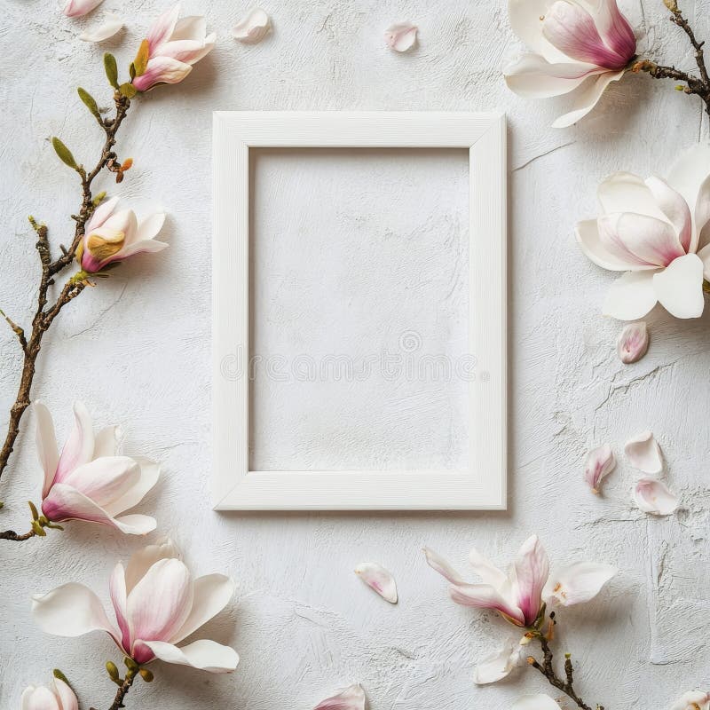 Empty white frame surrounded by delicate magnolia blossoms on a light background. A white empty frame is placed centrally on a light background, with soft magnolia flowers and branches arranged around it. This setup creates a calm, elegant atmosphere. AI Generative AI generated