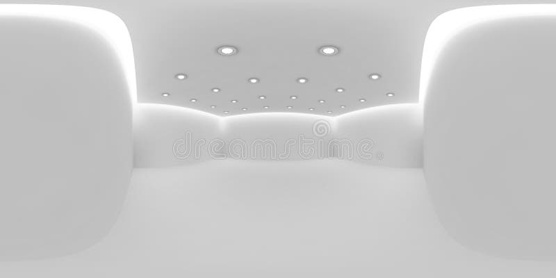 White empty room with small round embedded ceiling lamps HDRI map stock illustration