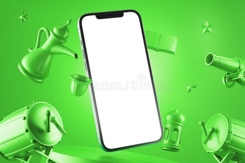 White empty smartphone screen interface mockup on float green scheme 3d podium composition creative rendering ramadan kareem eid stock image