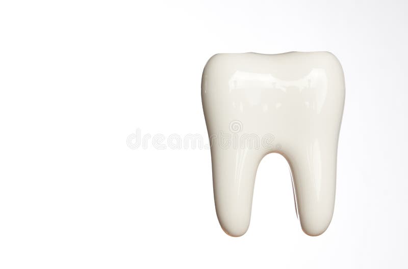 White enamel tooth model isolated on white background with copy space, close-up. Dental health, oral care, teeth restoration and 3d teeth whitening concept