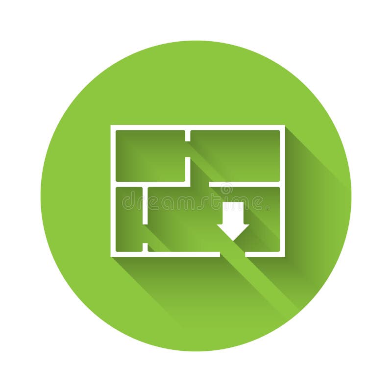 White Evacuation plan icon isolated with long shadow. Fire escape plan. Green circle button. Vector