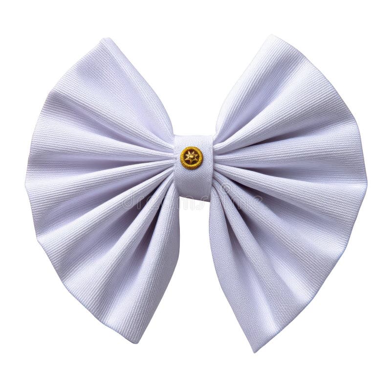 White fabric bow with golden button in center, elegant and neatly pleated for decorative use on clothing or gifts stock illustration