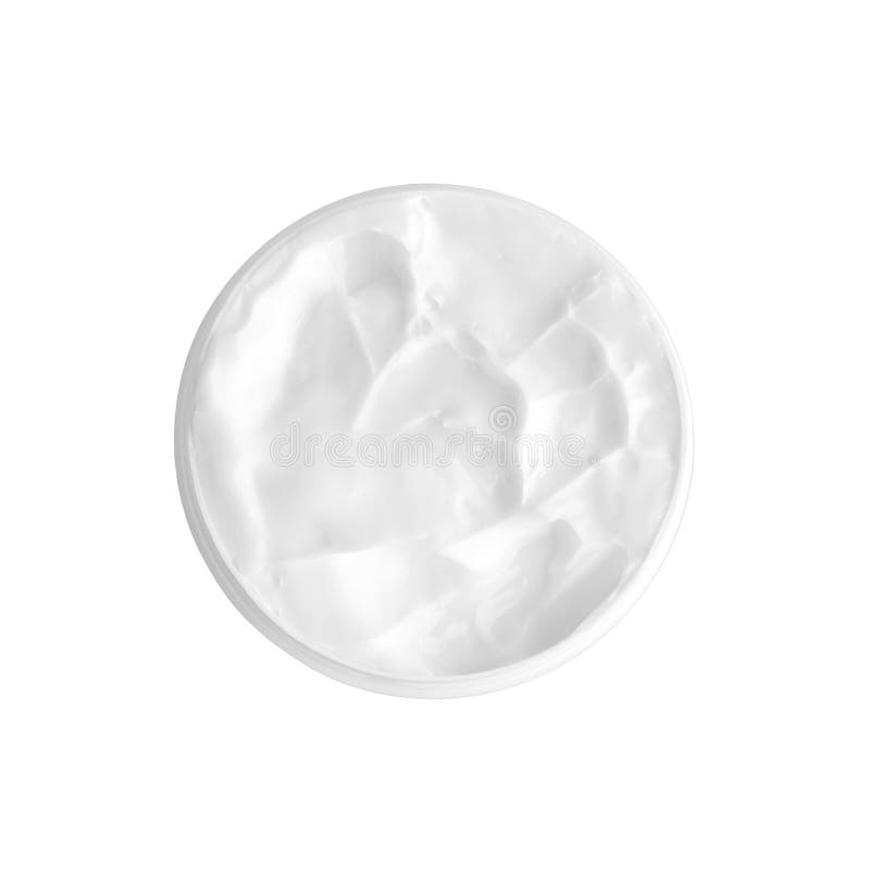 White face or body cream in open round jar on white background isolated close up top view, creamy texture circle pattern macro stock photo