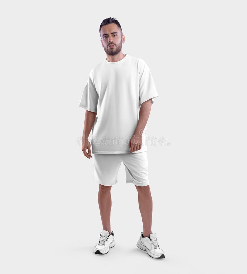 White Suit Mockup, Oversized T-Shirt, Shorts On A Guy In Sneakers, Front  View, Isolated On Background Stock Illustration - Illustration Of Mens,  Fashion: 252088878