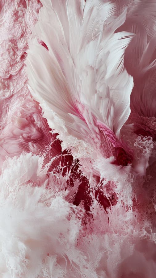 White feathers gracefully emerge from a swirling blend of pink foam and wave-like patterns, creating a captivating stock photos