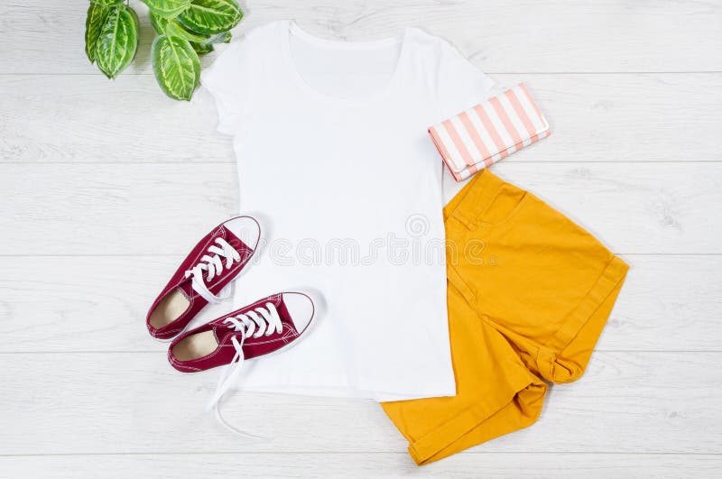 Download White Female T Shirt Mock Up Flat Lay On Wooden Background Top Front View T Shirt And Copy Space Mockup T Shirt And Summertime Stock Image Image Of Space Flat 153555933