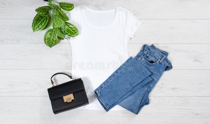 Download White Female T Shirt Outfit Mock Up Flat Lay On Wooden Background Top View And Copy Space Mockup T Shirt And Summertime Stock Photo Image Of Space Advert 197585640