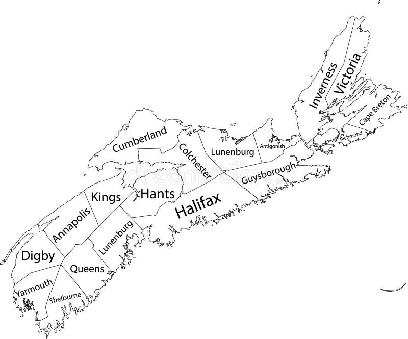 White Tagged Map of Counties of NOVA SCOTIA, CANADA Stock Vector