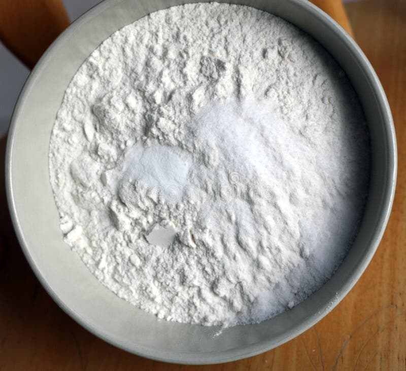White flour, baking soda, and salt in bowl