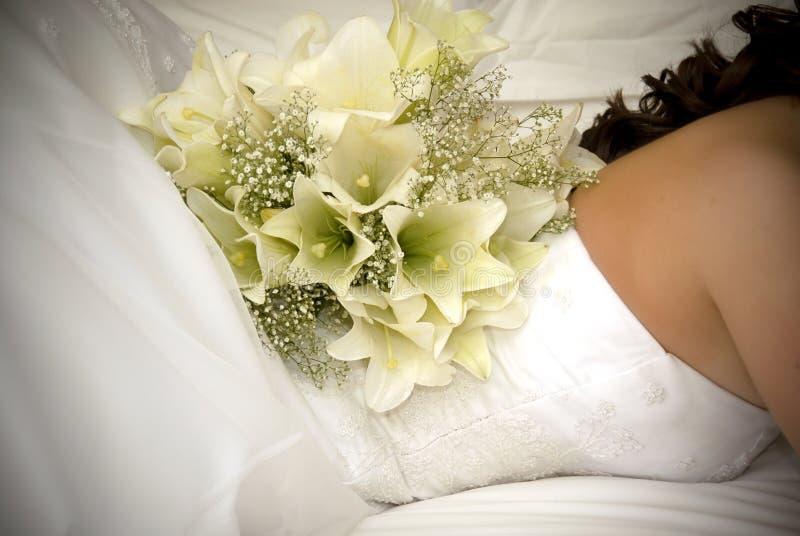 White Flower Bouquet on Back of Bride S Back Stock Photo Image of