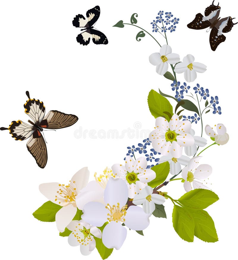 White flower branches with three butterflies