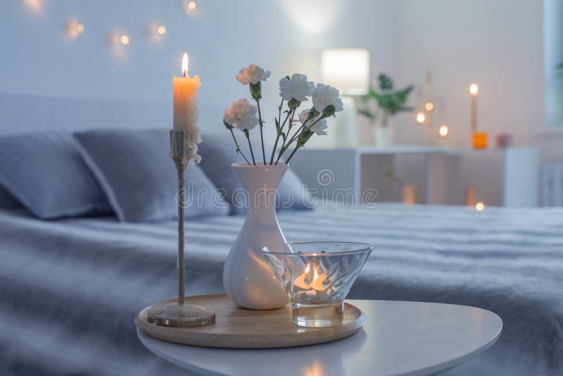 Flowers in Vase on Table in Bedroom in Night Stock Image Image of
