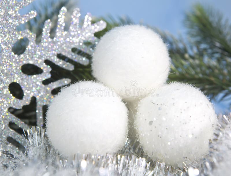 White Fluffy New Year S Balls and Decorative Tinsel Stock Image Image