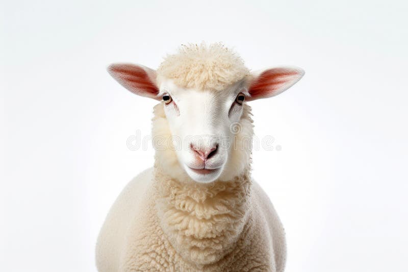 White fluffy sheep farm portrait looking at camera isolated on clear png background, funny moment, Farmland animals concept, with