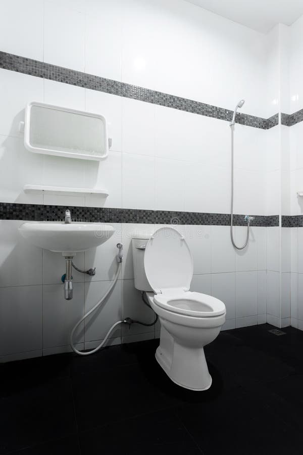 White Flush Toilet with Decorate Wall Stock Photo Image of clean