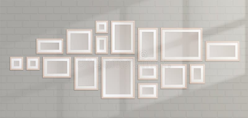 White Frames Collage and Sunlight on Brick Wall Stock Vector