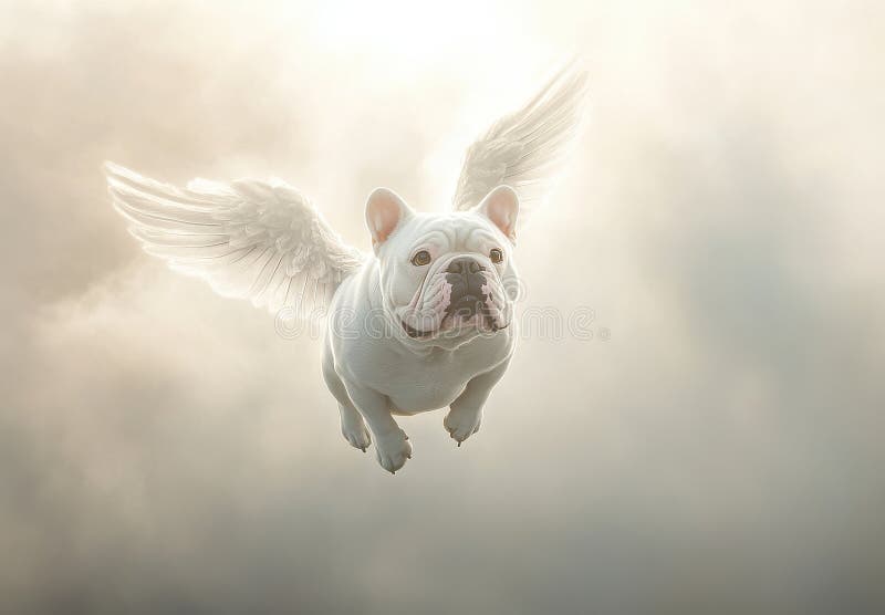 White French Bulldog con le ali piumate che esplodono in un cielo luminoso royalty illustrazione gratis