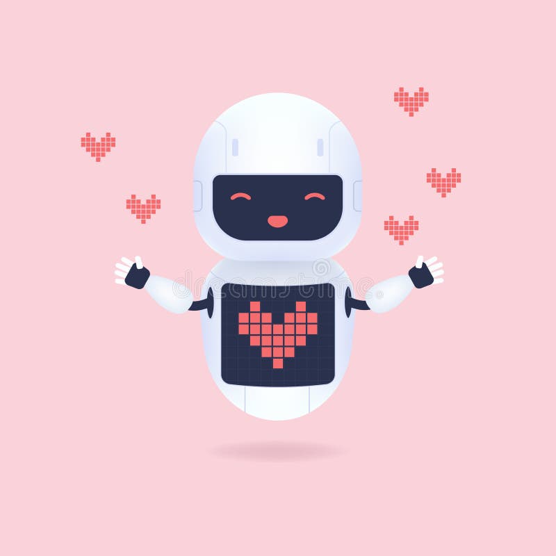 White Friendly Robot with Heart Shape Symbol on the Screen. Stock
