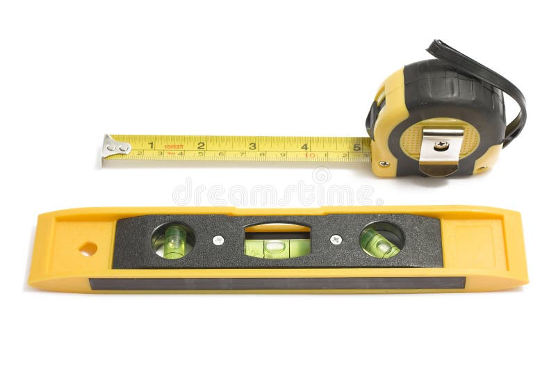 Bubble level and measure tape on white background. Bubble level and measure tape on white background